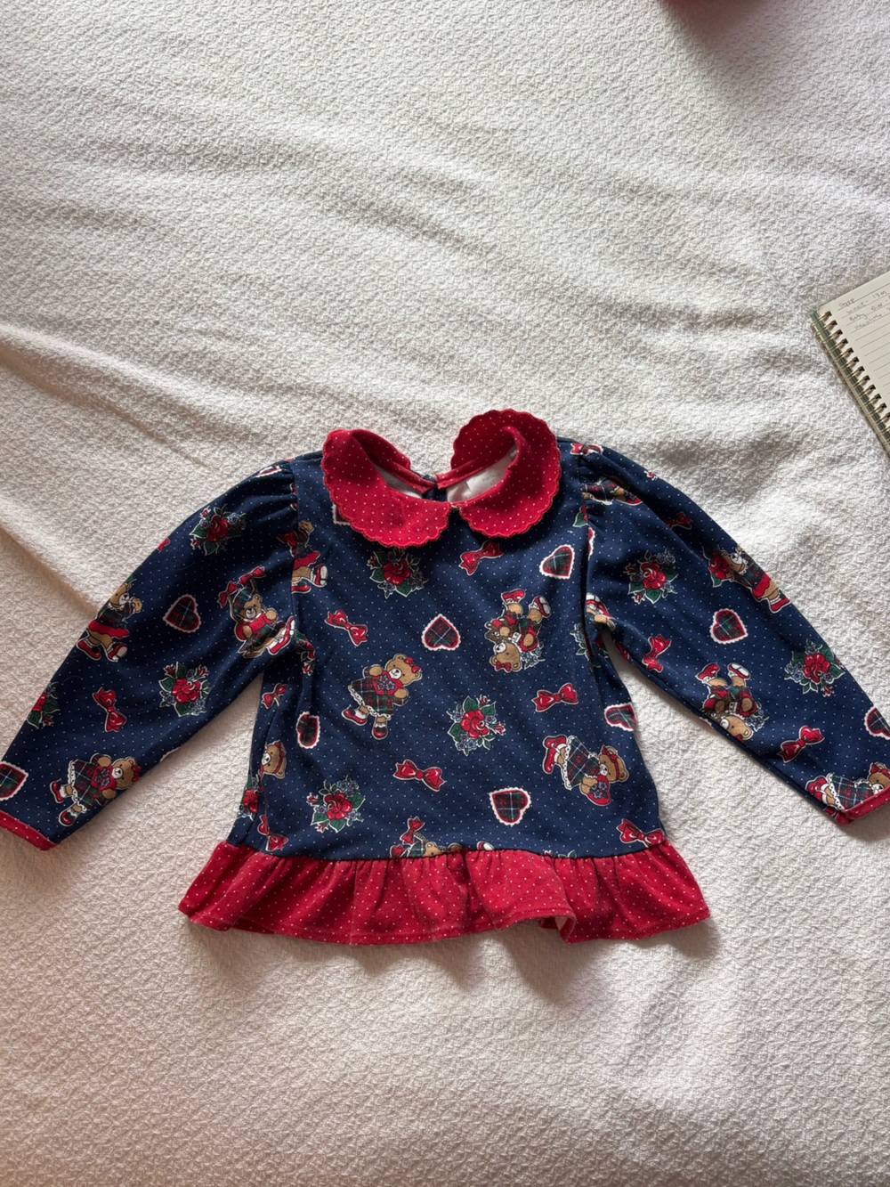 Vintage Navy and Red Teddy Print Long-Sleeve Top for Kids